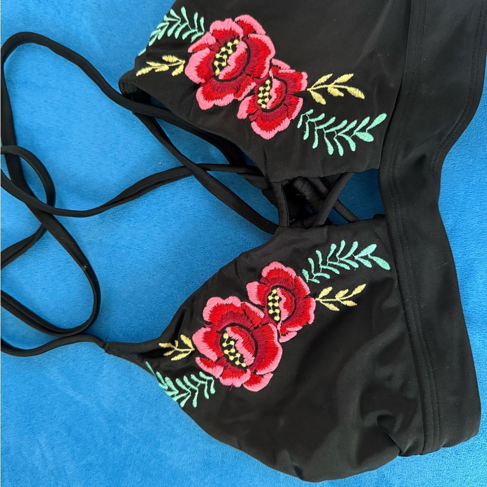 Black Bikini Top with Red Floral Embroidery
